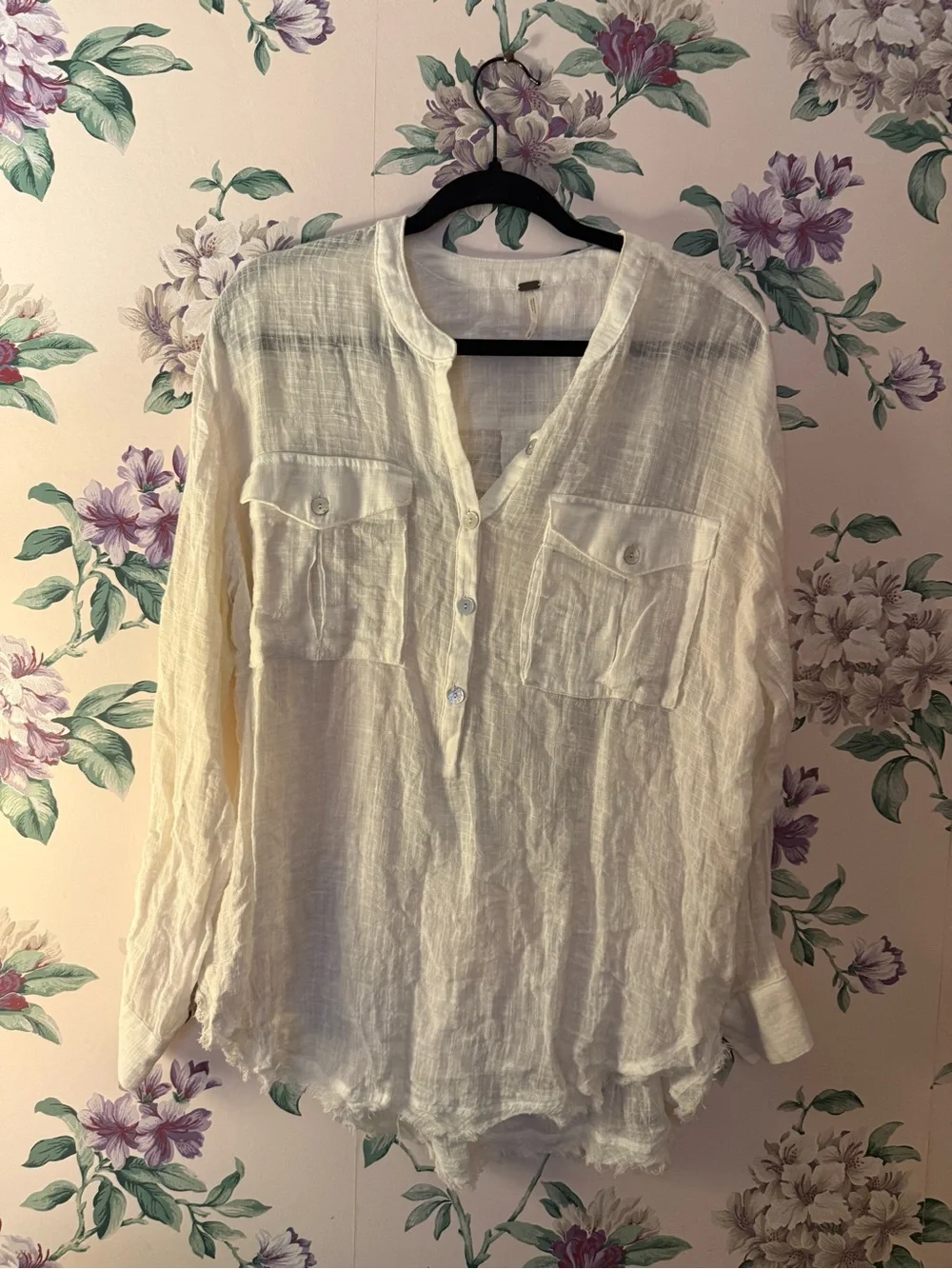 Free People Cream Button-Front Gauze Long-Sleeve Top